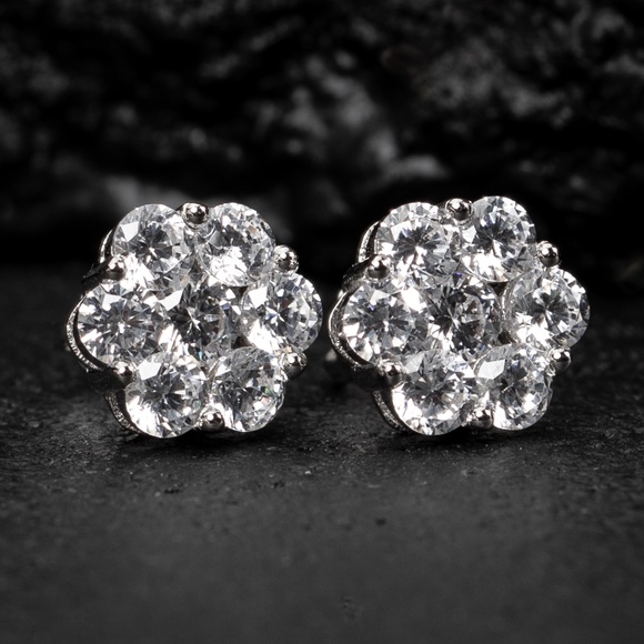 Iced White Gold Cluster 925 Sterling Silver Best Flower Screw Back Stud Earrings - Picture 2 of 5